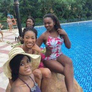 Zahara at the pool side with fellow contestants in china.