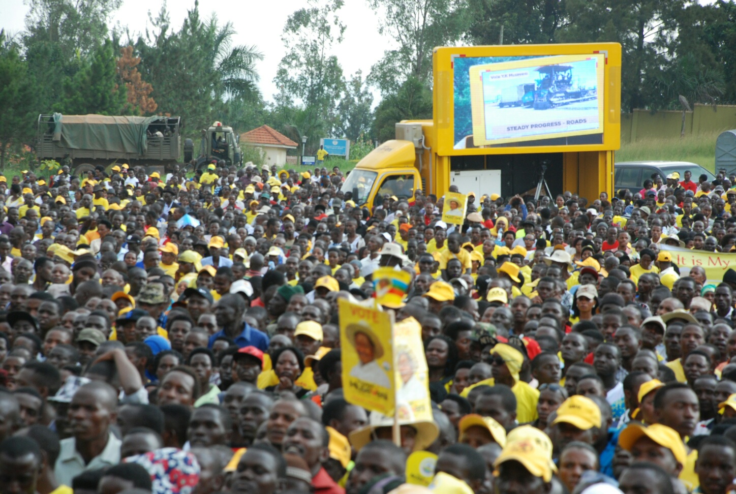 One of the trucks relaying the steady progress message of president Museveni,
