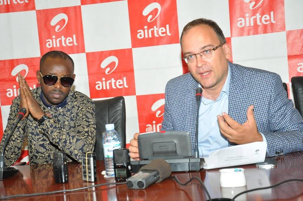 Airtel Uganda Managing Director Tom Gutjahr addresses journalists at the press conference to announce BET Award Winner Eddy Kenzo as the new Airtel It's Now Campaign ambassador