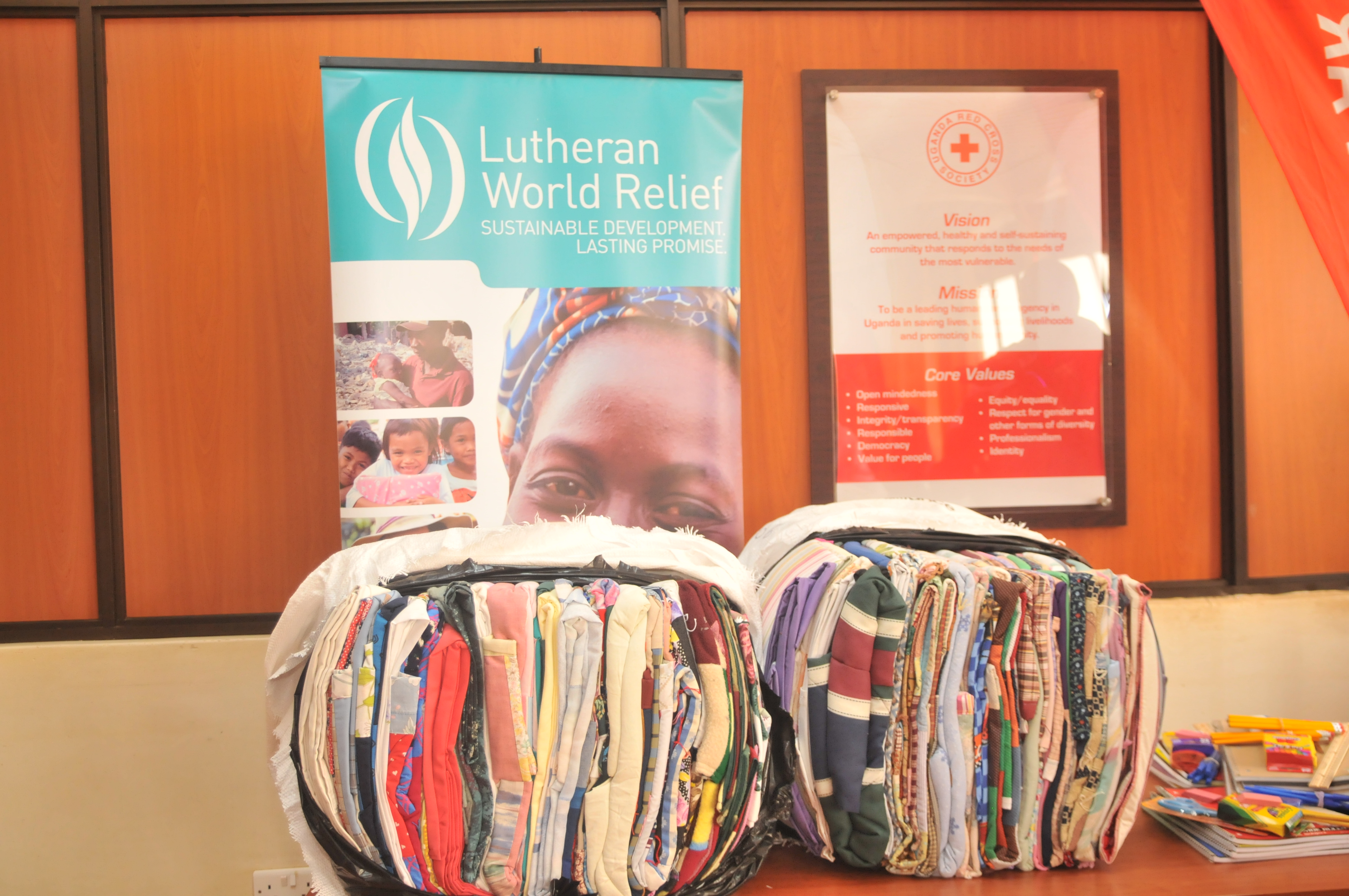 The donations handed over by Lutheran World Relief include 160 Bales of Blankets and 220 cartons of school kits