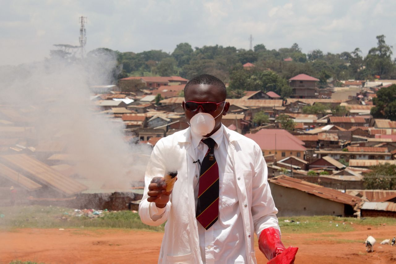 Samuel Mugarura demonstrating how his teargas works