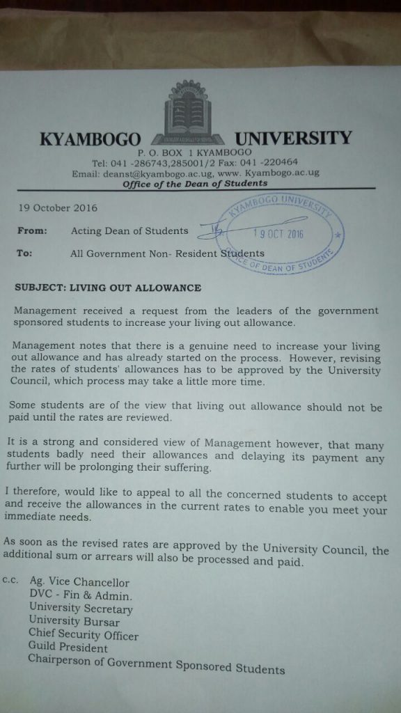 Letter from the Dean of Students promising the increment