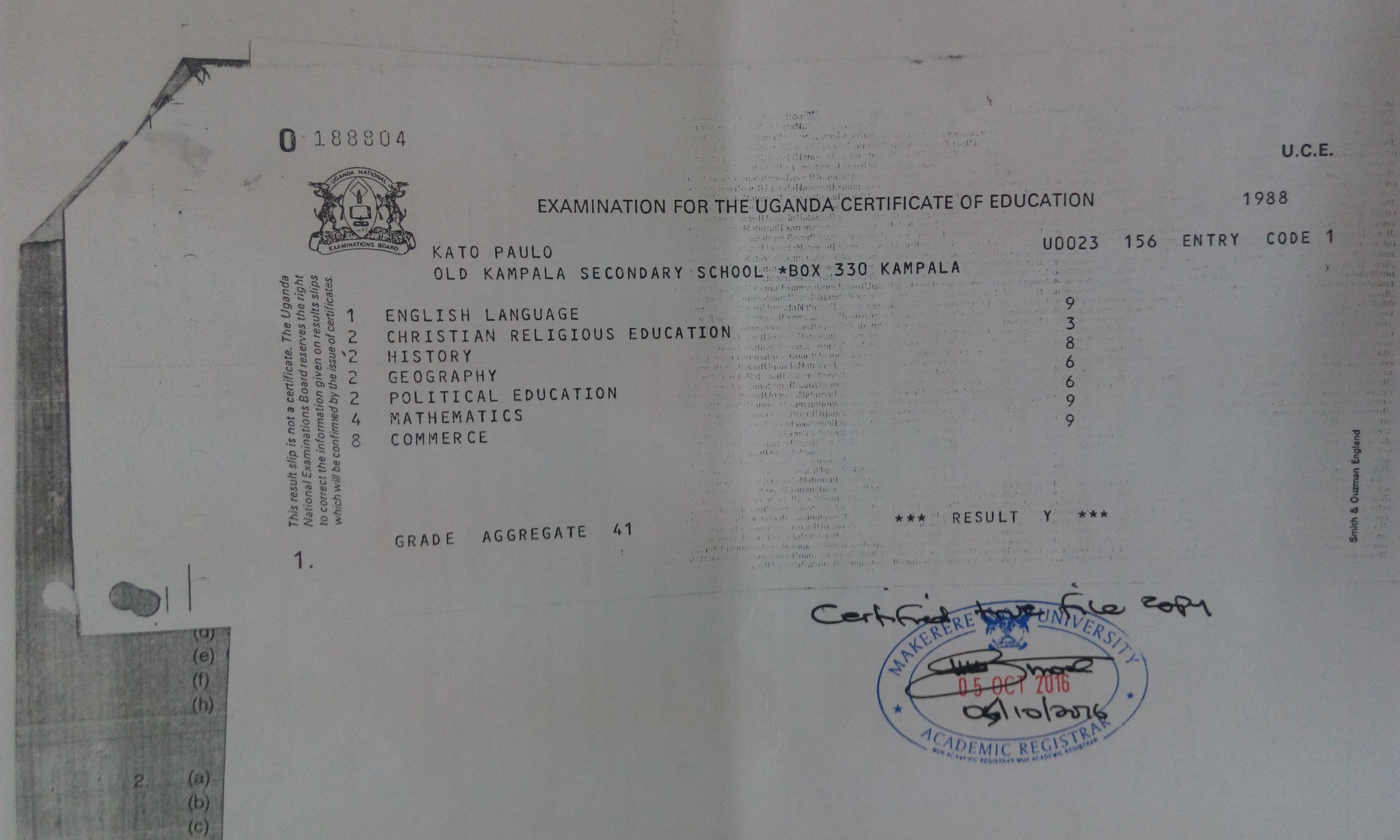 The UCE Certificate Which Kato Lubwama Used to Apply For a Diploma at MAK