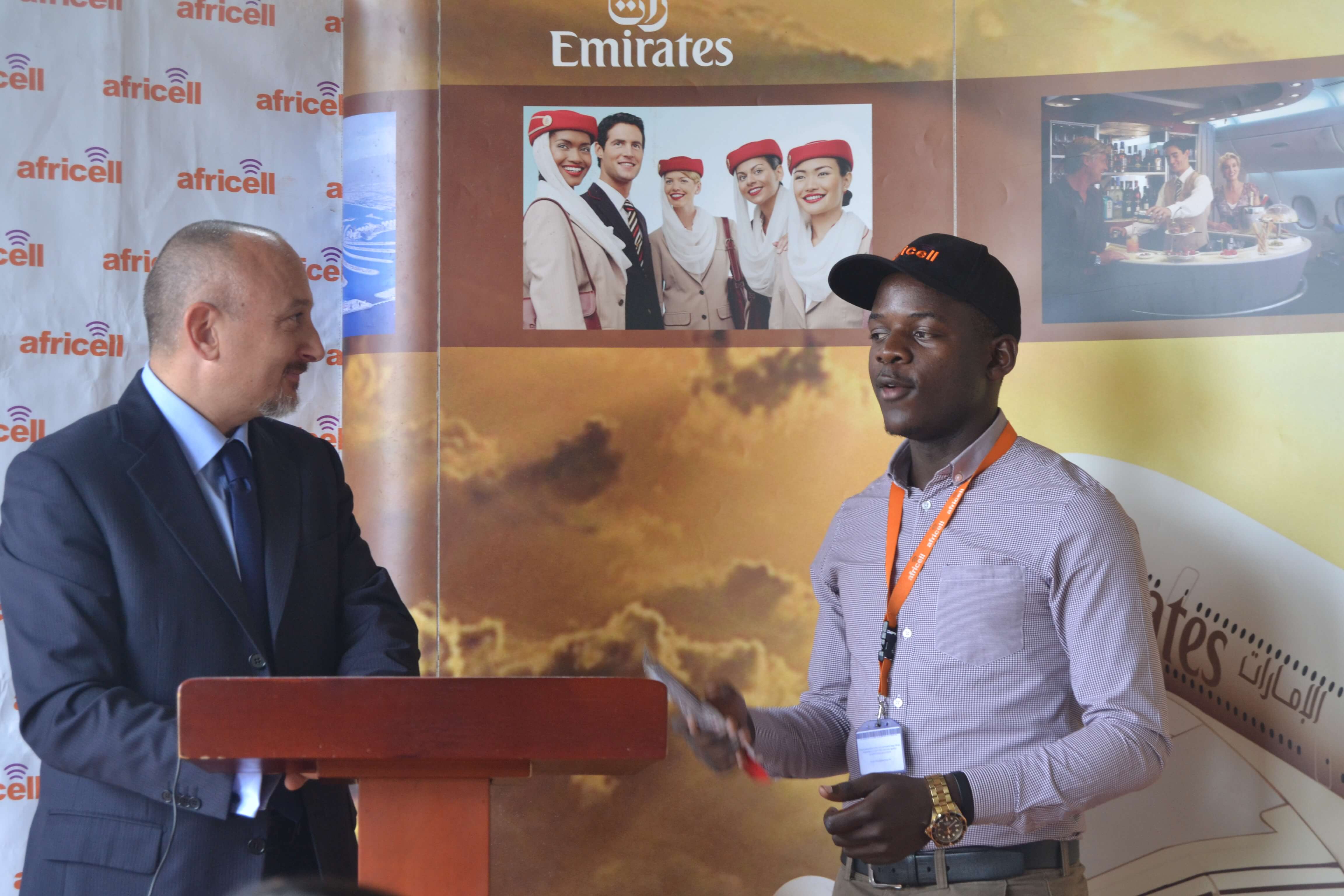 Domenico Fornara, the Italian Ambassador with a representative from Africell Uganda at the press conference today