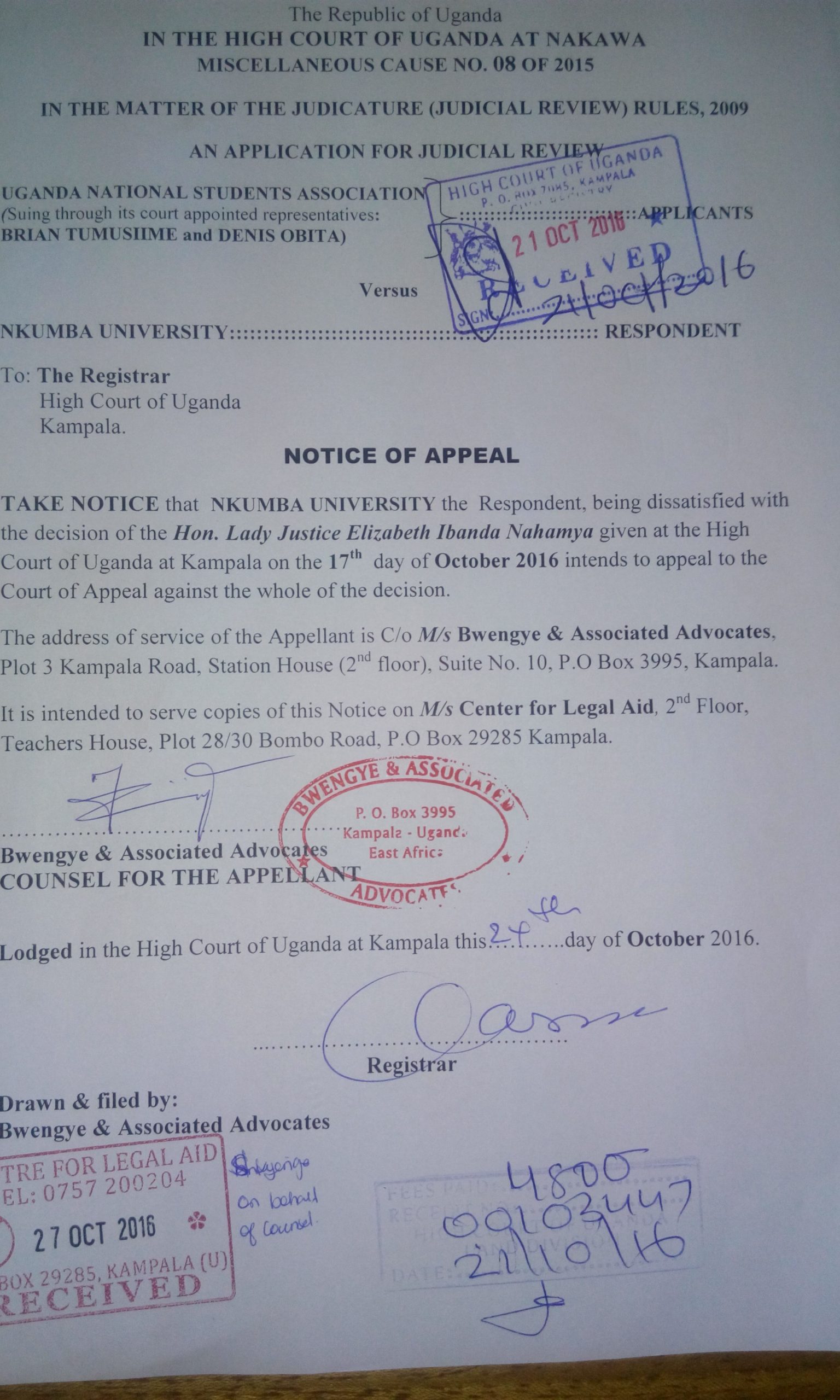 Nkumba's Notice of Appeal