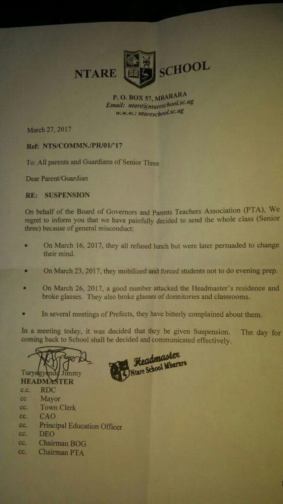 Ntare School Indefinitely Suspends Senior Three Class Campus Bee