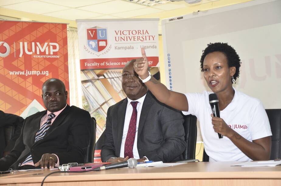 Left to Right) Vice Chancellor Victoria University, Joseph Nyakana,  Vodafone Uganda CEO, John Ndego and Cynthia Ayeza,Vodafone Ambassador addressing a press conference during the  unveiling of JUMP Academy at Victoria University today. The JUMP Academy is a first of its kind e-learning space for university students  which gives access to free educational materials tailored to the Ugandan curriculum.