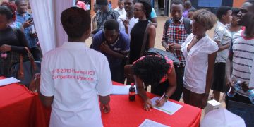 Makerere University Students registering for the competition at the Coll...