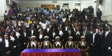 Students with Justices of the Court of Appeal at Makerere School of Law Lower Auditorium.