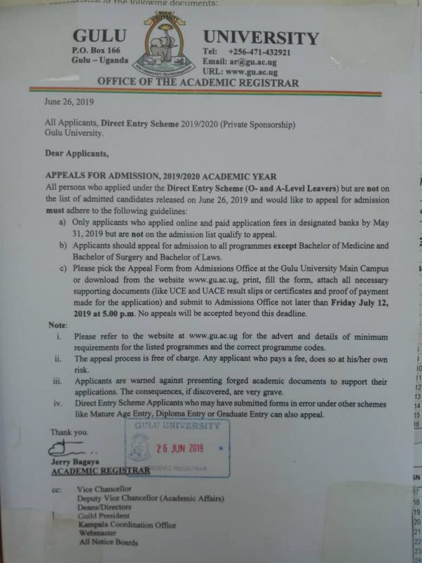 FULL LIST Gulu University 2019/2020 Private Admission Campus Bee