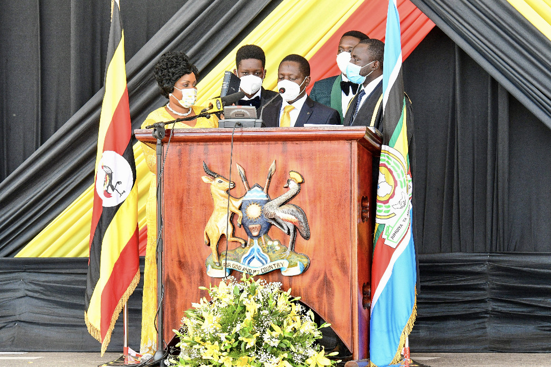 Minister Bahati taking his oath at Parliament