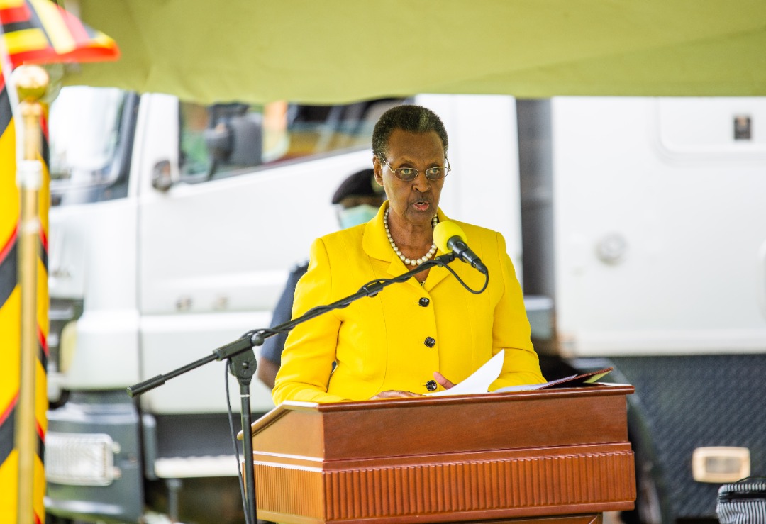 First Lady Janet Museveni at Makerere University earlier today.