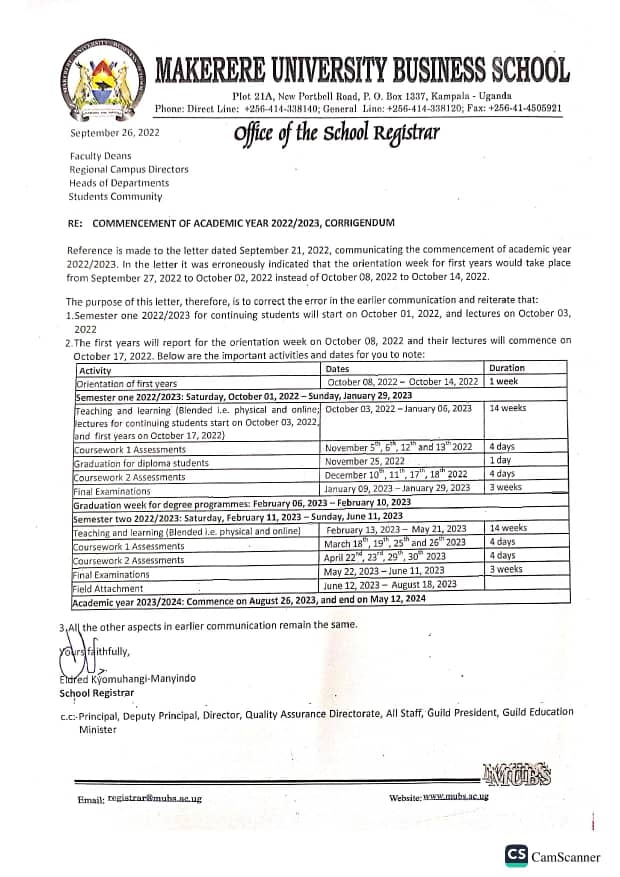 MUBS Revises 2022/2023 Academic Year Calendar Campus Bee