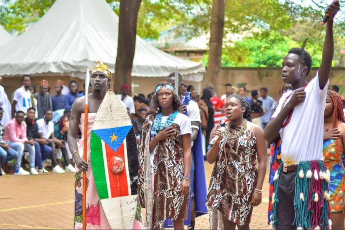 South Sudanese students singing the National Anthem