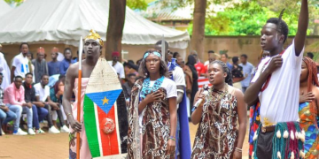 South Sudanese students singing the National Anthem