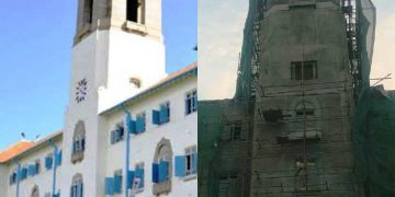 Makerere University main building before (left) and after (right) the fire
